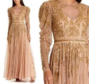 Mac Duggal 93638 Beaded Floral Illusion Gown Size 16 Long Puff Sleeve Gold NWT